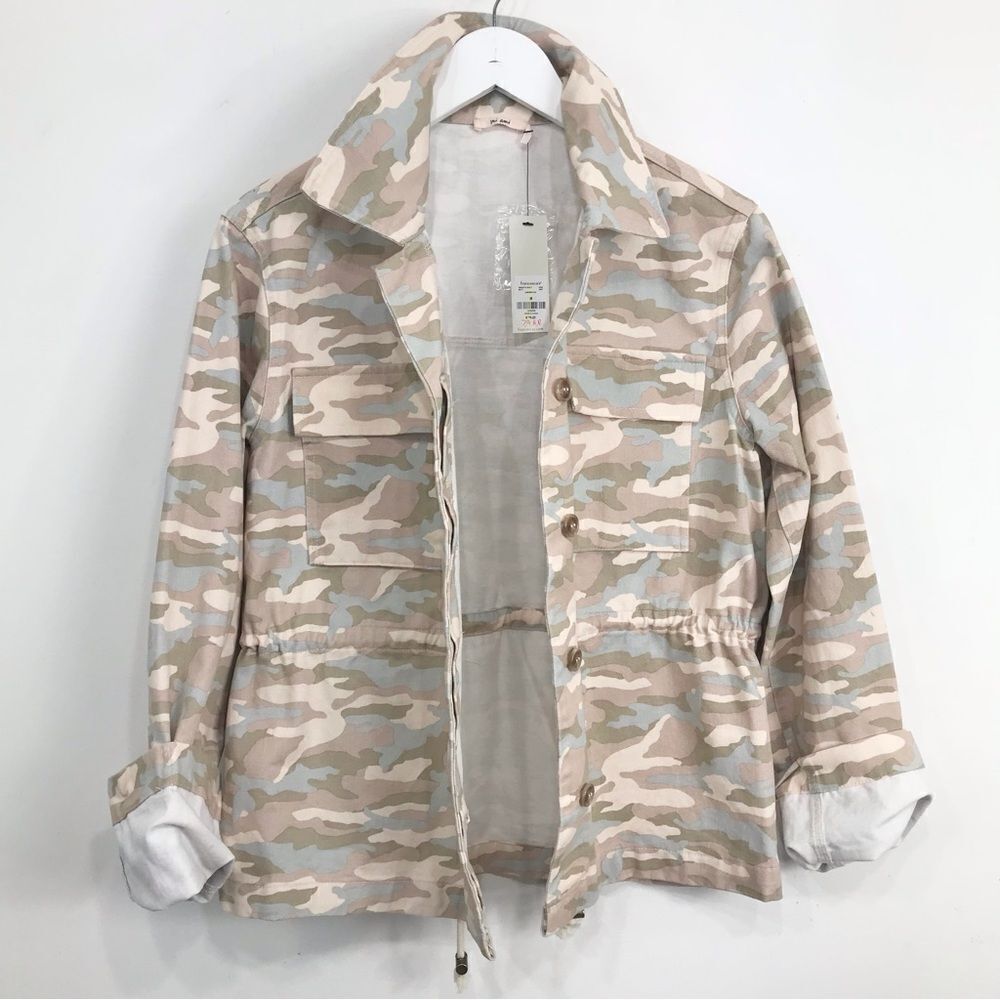 MiAmi Francesca’s Cream Tan Blue Camo Cinch Waist Button Utility Jacket NEW